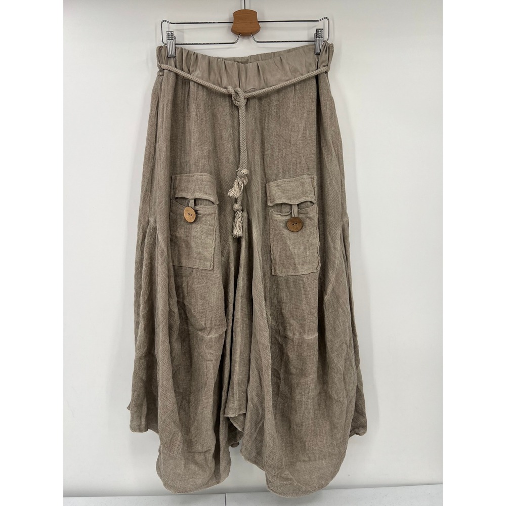 Marisima Italy OS Linen Cotton Boho Earthy Lagenlook Skirt Taupe Elastic Waist